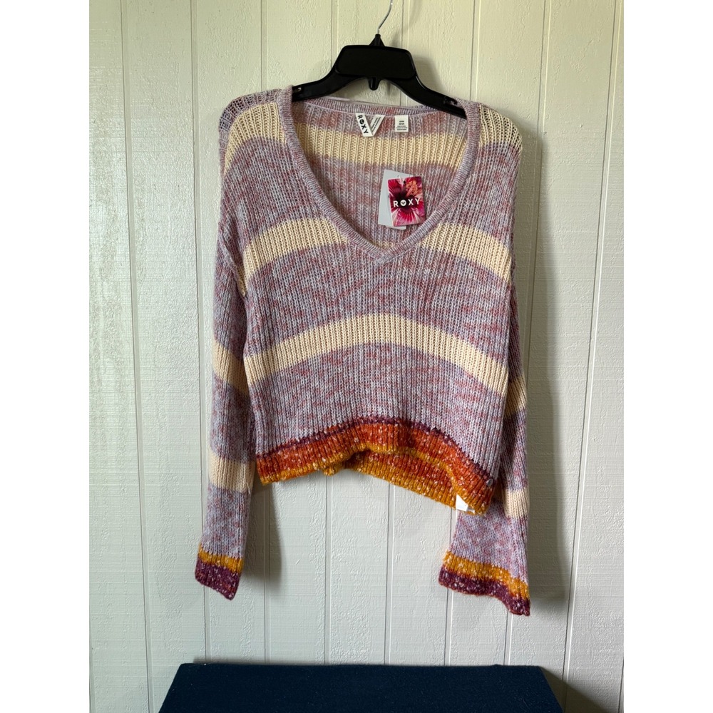Roxy Womens Striped V-Neck Sweater Lavender Cream Orange Knit Size Small NWT